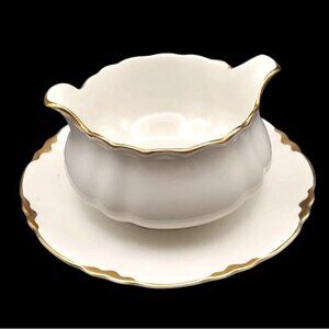 Vintage Patrician Porcelain Gravy Bowl w/ Affixed Underplate Warranted 18k Gold